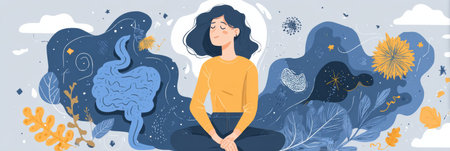 Infographic links gut health to mental clarity, featuring a meditative figure with illustrations of biology and nature.の素材