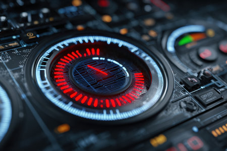 A control panel showcases a system failure warning while indicating the top zone remains operational and free of issues in a high-tech environment.の素材