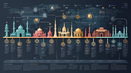 Visual representation showing the timeline of major world religions with icons and key historical events for Christianity, Islam, Buddhism, and Judaism.の素材