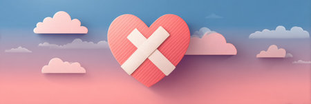 A heart decorated with a bandage is displayed in a paper craft style, against a serene sky gradient filled with soft clouds at dusk.の素材