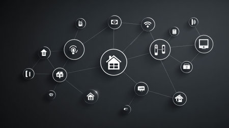 Visualize a smart home network with internet of things devices represented through various icons connected by lines, highlighting modern technology integration.の素材