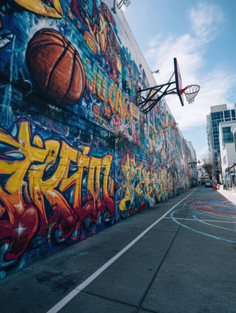 Vivid street art featuring basketball imagery and dynamic colors adorns a wall, showcasing March Madness spirit in an urban setting during daylight.の素材