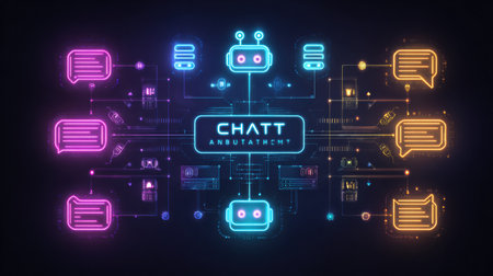 The visual illustrates chatbot architecture with neon message bubbles, server icons, and neural network elements.の素材