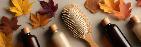 Fall display includes a hairbrush and natural shampoos nestled in vibrant autumn leaves, offering a rustic vibe for self-care.の素材