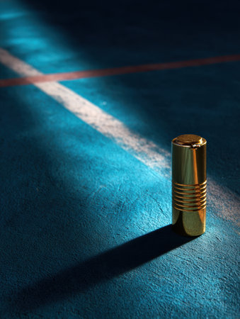 A golden whistle stands prominently on a blue sports court, illuminated by dramatic lighting, with shadows enhancing the striking visual contrast.の素材