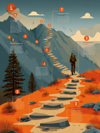 This infographic presents a hiking safety guide outlining a clear, step-by-step route with mountain icons, ensuring a safe outdoor experience for hikers.の素材