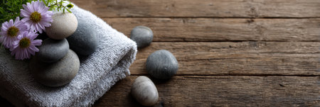 Relaxing spa setup showcases smooth stones, a warm towel, and delicate flowers, inviting tranquility and relaxation in a serene environment.の素材