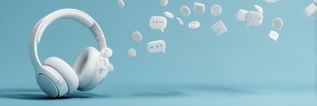 Headphones emit peaceful sounds as digital messages float away, enhancing tranquility and focus in a clean, serene setting.の素材