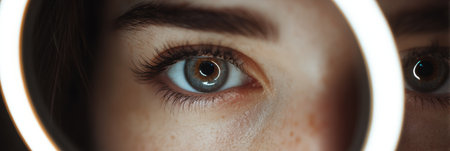A glowing ring light creates a stunning reflection in the eye of the photographer, showing the contrast of colors in a clean visual space.の素材