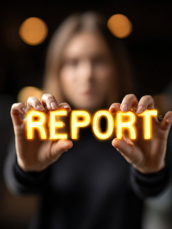 A girl presents a bright glowing report button, surrounded by a blurred background, symbolizing her commitment to sharing important information.の素材