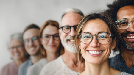 A joyful group of diverse individuals wearing glasses stands together, showcasing unity and connection with bright smiles against a soft background.の素材