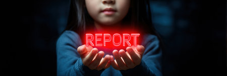 A girl displays a glowing report button with both hands, signifying importance in a dark environment, highlighting her engagement in an awareness initiative.の素材