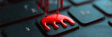 A red phishing icon is dripping down onto a holographic keyboard, creating a striking visual that emphasizes the dangers of cyber threats in modern technology.の素材