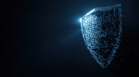 Digital shield composed of binary code illuminates a login field, symbolizing enhanced security measures in cyberspace and protecting user information.の素材
