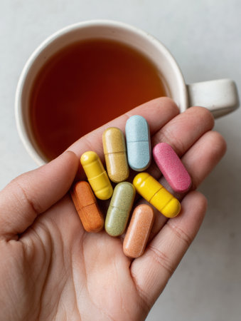 A hand displays a variety of colorful health supplements while a cup of warm tea sits in the background, against a clean and simple surface.の素材