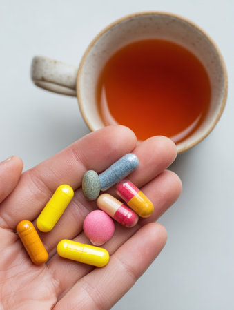Hand holds a variety of colorful supplements while a cup of warm herbal tea rests in the background, creating a tranquil wellness atmosphere.の素材