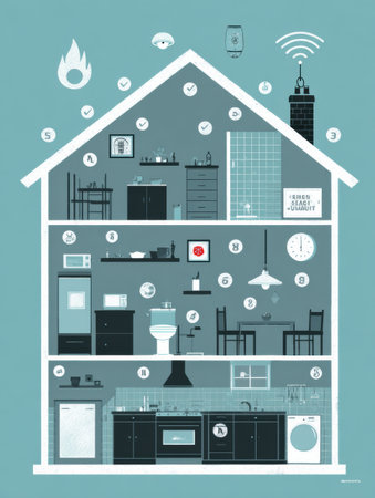 Essential home safety checklist featuring icons for the kitchen, bathroom, and smoke detectors to promote safety awareness in every home.の素材
