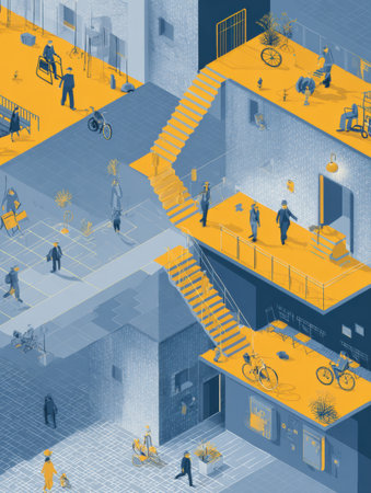 Infographic presents various slip and fall prevention techniques across multiple zones, emphasizing safe practices for both indoor and outdoor environments.の素材