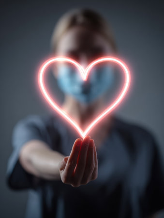 A healthcare worker in scrubs and a mask holds a glowing heart hologram, emphasizing compassion and dedication to patient care in a minimalist setting.の素材