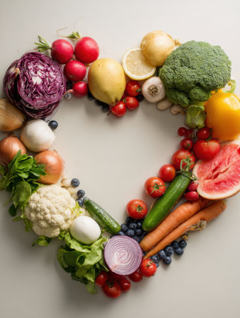 A colorful collection of fresh fruits and vegetables forms a heart shape on a plain surface, showing healthy eating and nutrition through vibrant colors.の素材