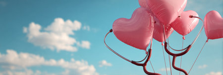 Heart-shaped balloons rise into the blue sky, elegantly tied together with a stethoscope ribbon, symbolizing love and care on a sunny day.の素材