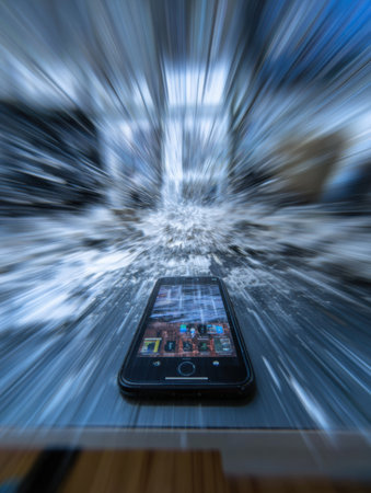 Motion blur emphasizes a smartphone displaying an app crash, conveying a sense of urgency and disruption in a high-tech environment.の素材
