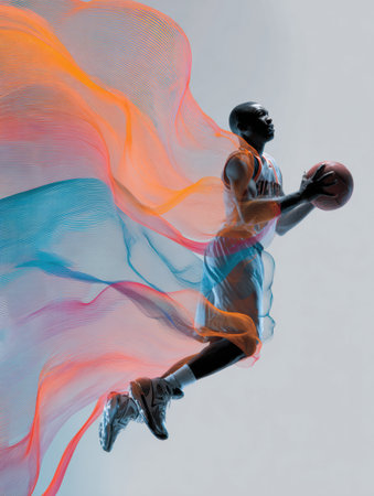 Athlete performs a slam dunk, suspended mid-air with vibrant motion trails of colors flowing behind, emphasizing the energy of the moment.の素材