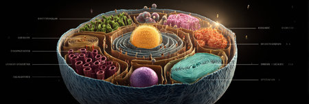 This infographic presents an intricate view of human cell structure, featuring organelles labeled in a colorful 3D clay design for enhanced understanding.の素材