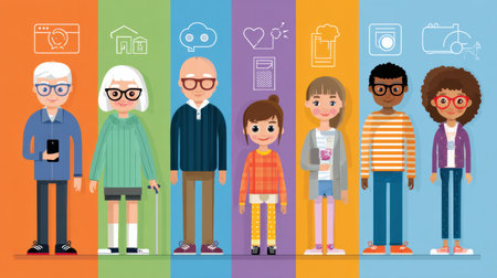 Colorful infographic showcases different generations from Baby Boomers to Gen Z, illustrating unique behaviors, technology use, and cultural icons effectively.の素材