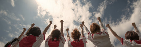A group of excited teammates raise their fists in celebration as they enjoy a victorious moment, facing a clear blue sky filled with fluffy clouds.の素材