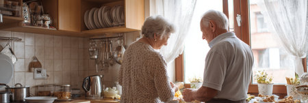 Seniors review a home safety checklist, ensuring a safe and organized kitchen environment while preparing meals together in a bright, inviting space.の素材