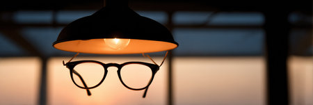 A pair of glasses hang from a warm reading light, casting a soft glow in the evening. The top area remains empty, enhancing the calming ambiance.の素材