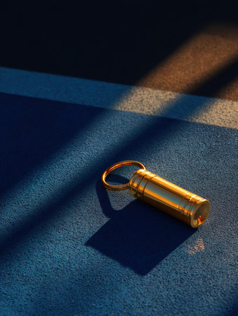 A golden whistle lies on a blue court, showcasing its shine under dramatic lighting. The shadows create an aesthetically engaging atmosphere around the whistle.の素材