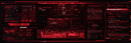 A hacker-style interface with glitch effects and a neon red alert overlay, featuring digital elements and a clear monitoring layout.の素材