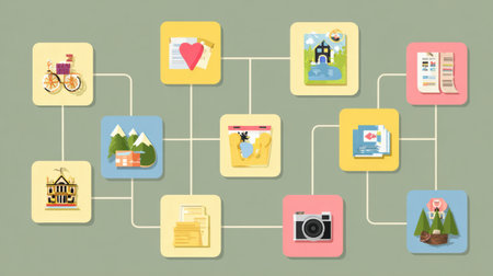 This infographic outlines a simple five-step guide for organizing a family vacation, featuring travel icons and blocks that highlight planning tips.の素材
