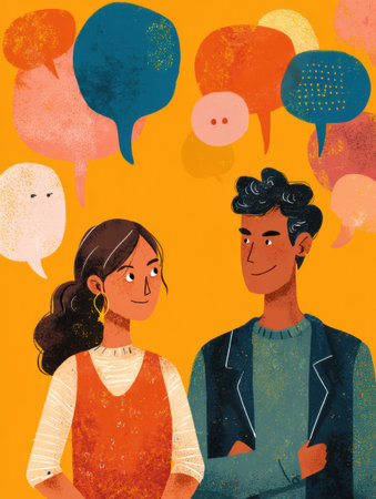 Two individuals stand together, engaging in a thoughtful exchange, with colorful speech bubbles indicating the importance of supportive dialogues.の素材