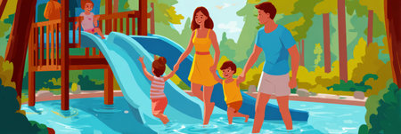 Families enjoy a no-spend day at the park, playing on slides, splashing in water, and bonding amid nature and laughter in bright sunshine.の素材