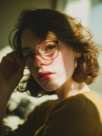 Bright sunlight filters through a window as a woman holds eyeglasses gently, showcasing her relaxed pose and warm sweater in a serene environment.の素材
