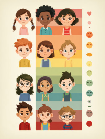 Infographic shows emotional growth milestones by grade, featuring diverse facial expressions for various feelings and stages.の素材