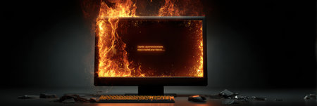 A monitor is on fire with a critical failure message displayed on the screen, revealing damage. Debris surrounds the base in a dark setting.の素材