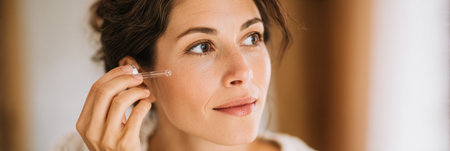 A woman gently applies serum to her skin while looking into a mirror, surrounded by warm autumn hues that create a cozy atmosphere.の素材