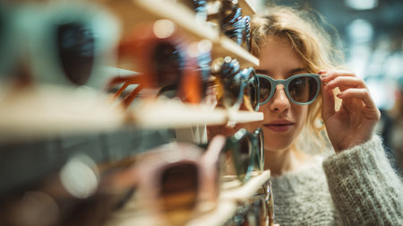 A woman inspects various sunglasses displayed in a trendy boutique, carefully choosing the perfect pair to complement her unique style.の素材