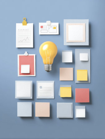 Organize important goals and aspirations on a vision board with sticky notes and drawings, enhancing self-improvement and creativity in a bright setting.の素材