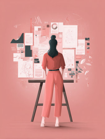 A person stands in front of a vibrant vision board filled with inspiring graphics and charts focused on personal growth and motivation.の素材