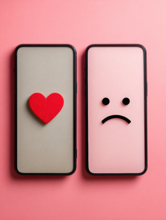 Two mobile devices show a heart symbol representing support and a sad face depicting hate messages, illustrating the duality of social media interactions.の素材