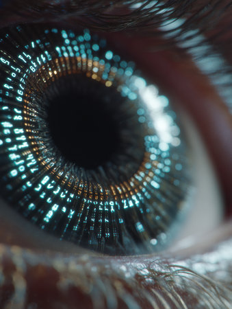 Macro view of a human pupil with an animated biometric ID ring in a modern, high-tech style for enhanced security and identification.の素材