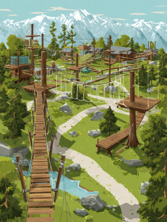 Kids can enjoy a fun-filled outdoor obstacle course designed for adventure and exploration in a beautiful mountainous environment with trees and rocks.の素材