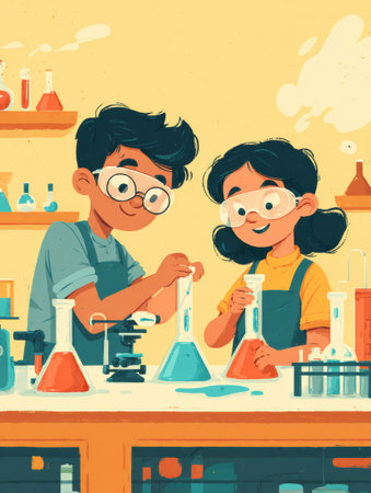 Two children engage in creative science experiments at home using colorful lab equipment, wearing safety goggles and smiling while enjoying learning together.の素材