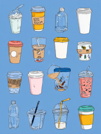 This visual guide highlights various beverage containers, showing alternatives to single-use plastics found in cafes for environmentally conscious choices.の素材