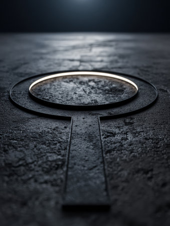 A striking ultra-minimalistic black court showcases a glowing bracket symbol at its center, with soft illumination enhancing its stark appearance.の素材